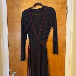 Ann Taylor Navy Wrap Dress with Red Trim – DVF-Inspired | Size 8